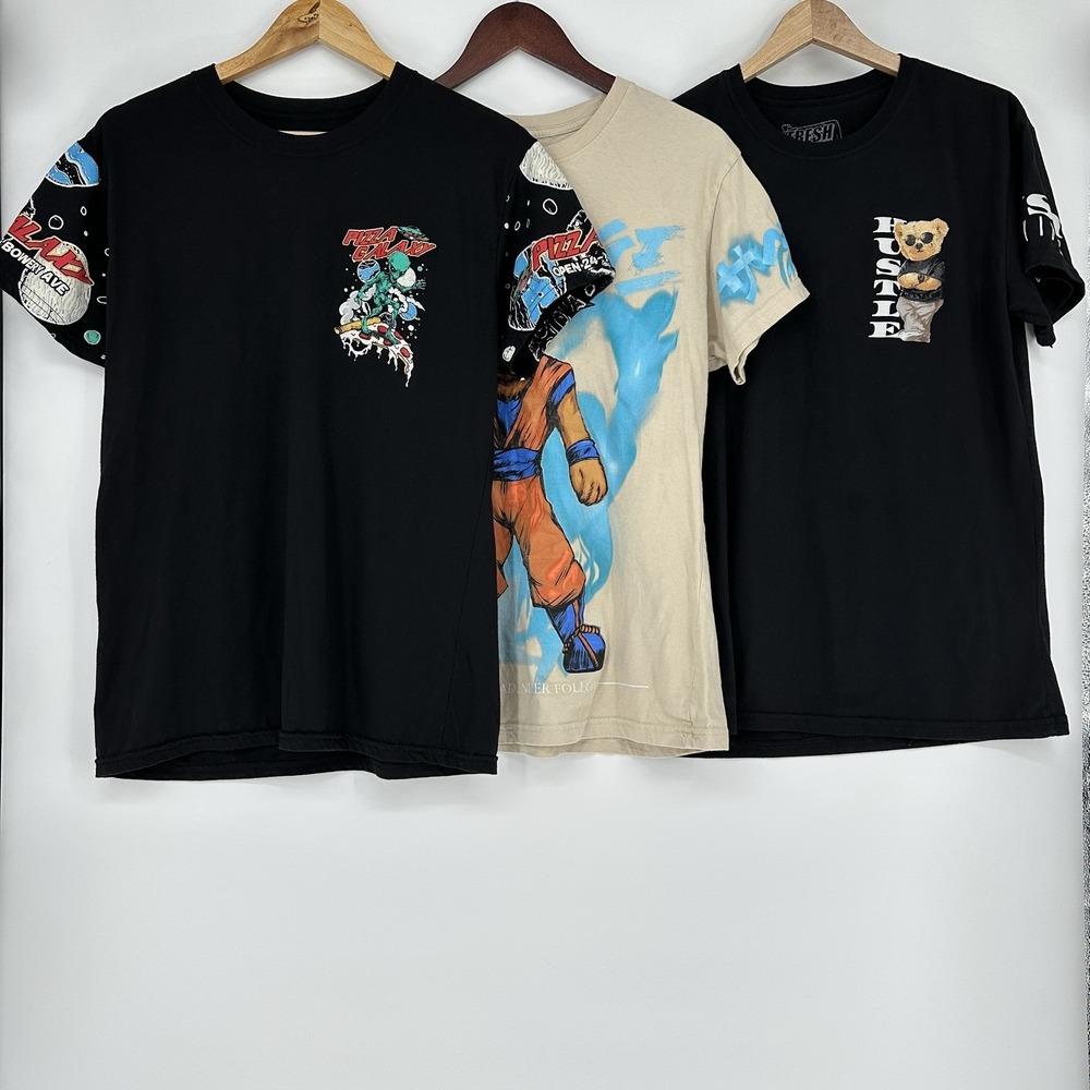 LOT 3 Fresh Laundry Graphic T Shirts Medium Hustle Bear Goku Pizza Alien Black